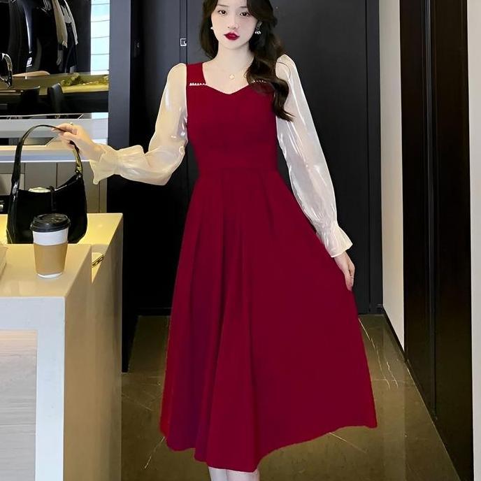 Limited Bless Naomi Dress Midi Vintage Wanita Style Square Neck Lengan Balon Scuba Baju  Gaun  Pesta