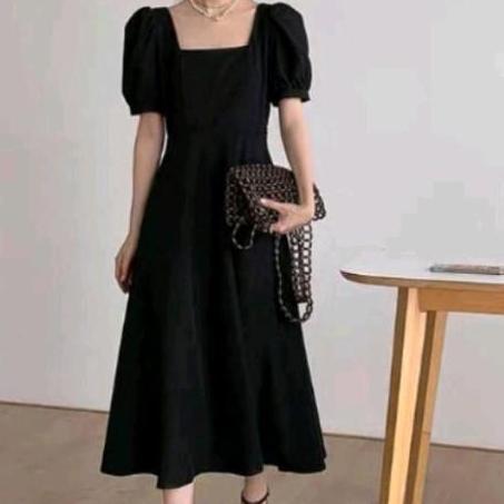 Grade Ori Dress Wanita Polos Midi Dres Hitam Variasi Simple Gaun Casual Baju Terusan Panjang