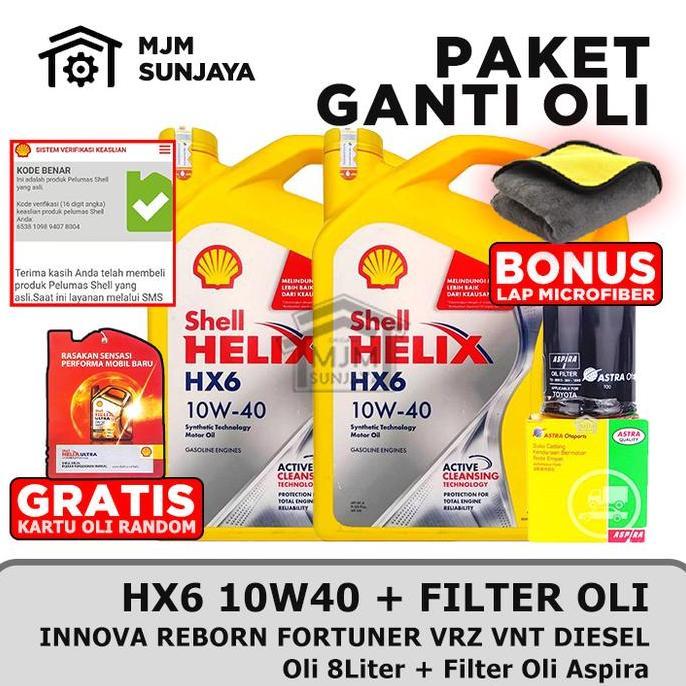 [Gratis Filter Oli] Paket Ganti Oli Mesin Shell Helix Hx6 Sae 10W-40 8 Liter Aspira Innova Reborn Fo