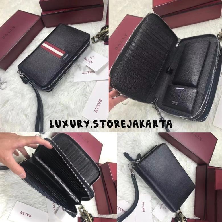 [LENGKAP BOX BALLY] CLUTCH BALLY WALLET MEN  ZIP  TRAVEL BLACK STRIPE RED ORIGINAL
