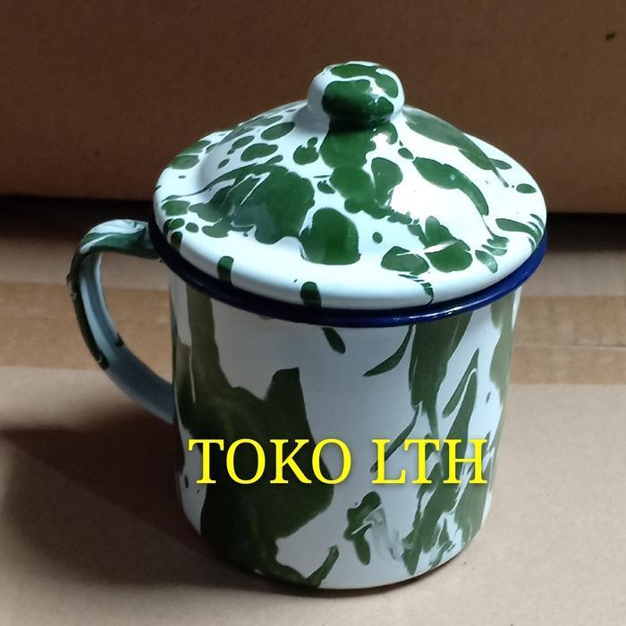 MUG 12 CM LURIK BLIRIK BLURIK CANGKIR TUTUP ENAMEL GELAS KALENG JADUL