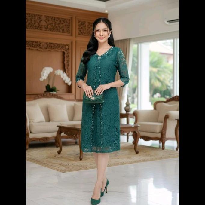 Dress Brokat Wanita Bahan Brokat Premium Lapis Furing Kombi Payet Gaun Natal Mewah Panjang 110cm Uku