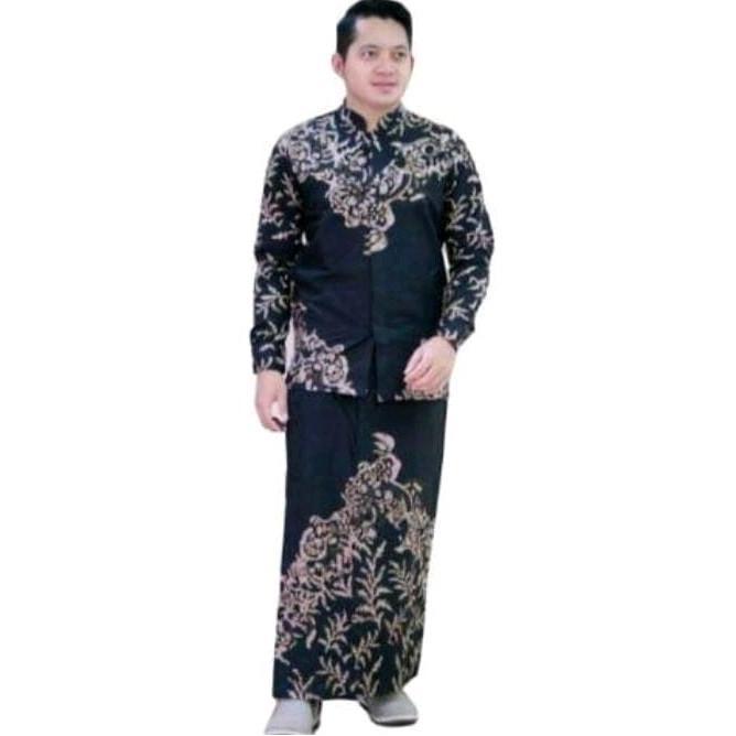 Otwkirim- Setelan Sarung Batik Pria Motif Akar Lengan Panjang Baju Koko Pria Dewasa Batik Solo Koko 