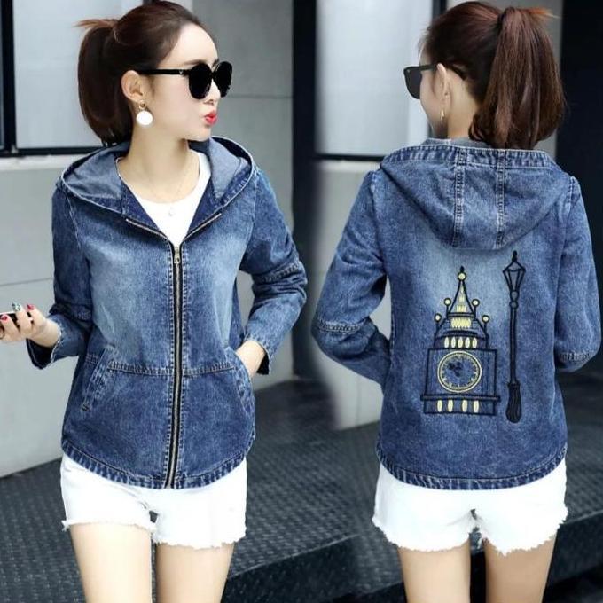 (BEST SELLER) JAKET JEANS HOODIE WANITA LENGAN PANJANG RITSLETING BELAKANG BORDIR