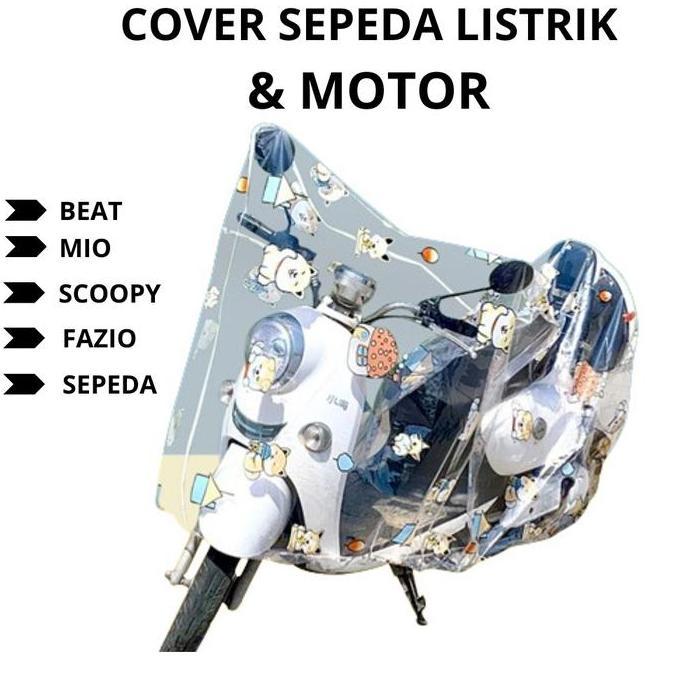 Sarung Penutup Cover  & Sepeda Listrik Transparan - Vario Beat Mio Motif Karakter Dino Bunga Kucing 