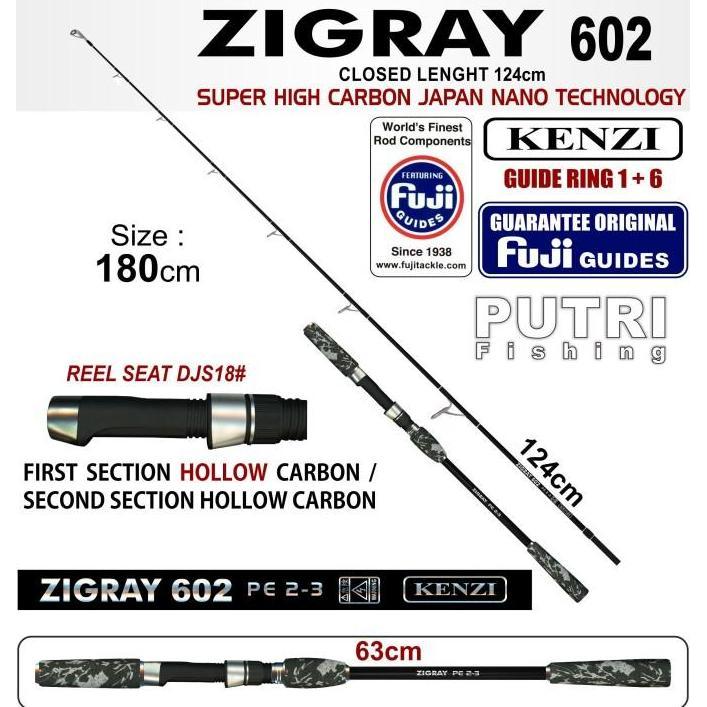Termurah Joran Kenzi Zigray 602 Jigging Spinning Pe 2-3 Fuji Guides Hollow Carbon