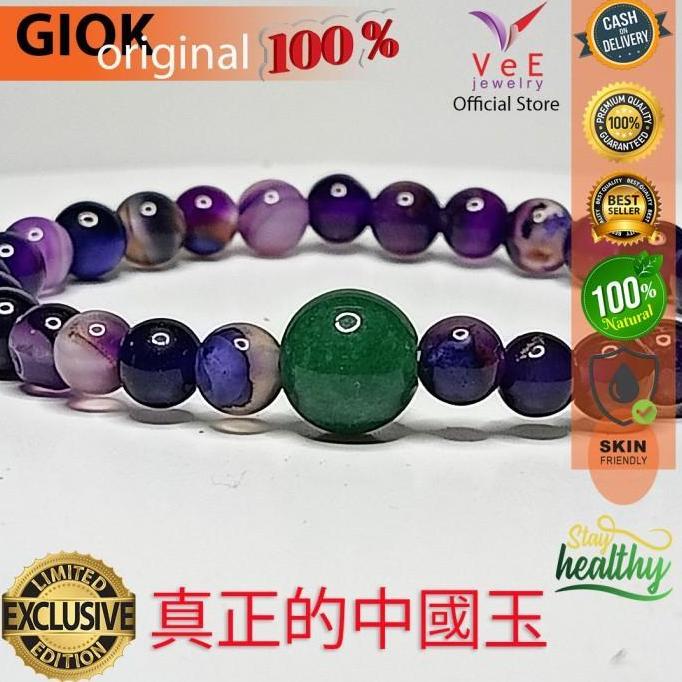 Gelang Tasbih 33 Butir Batu Kecubung Ungu Amethyst 6mm Giok Hijau Asli