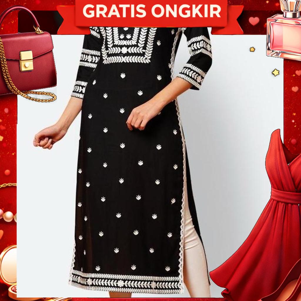 Laqueens Gosriki Black Baju India New Original Kurta Single Chikankari Hitam Bordir Atasan Wanita Dr