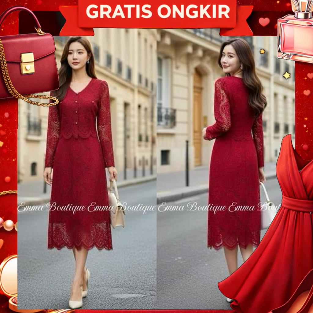Emaa.Butik E00653 Gaun Imlek Merah Pesta Wanita Brokat Lace Midi Dress Kondangan Formal Lengan Panja