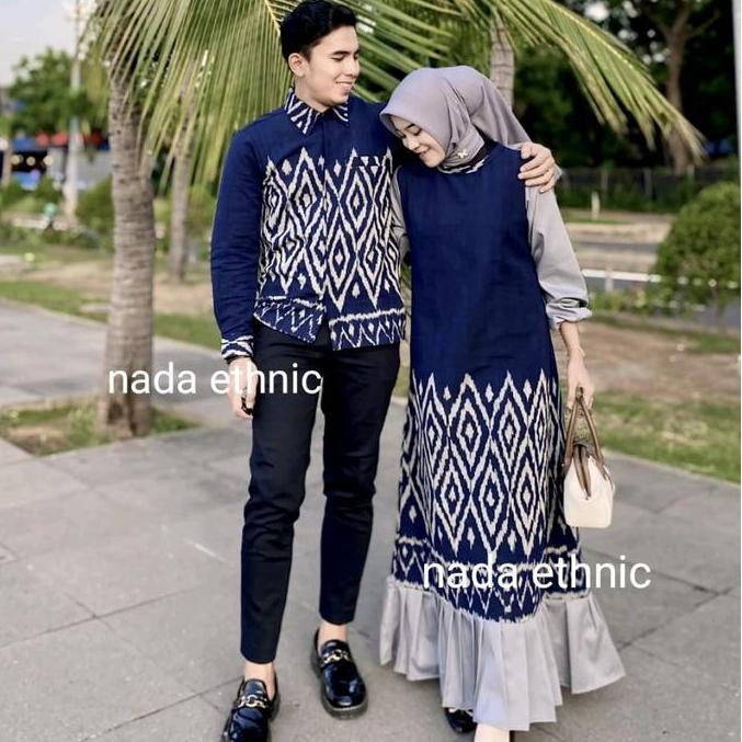 Gamis Karina Navy Tenun Couple - Set Couple Baju Batik Tenun - Baju Batik Couple Tenun Kondangan Dre
