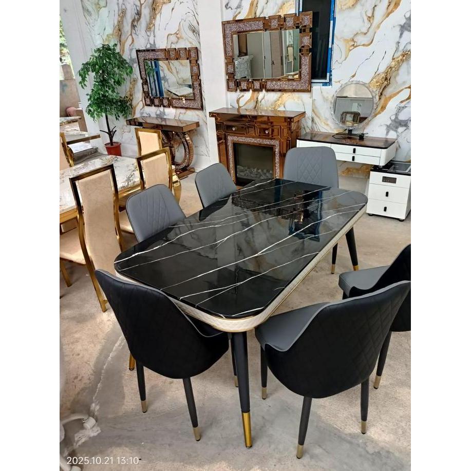 Terlaris Promo Meja Makan Marmer Hitam Kaki Pensil Dengan 6 Kursi Elegan Dan Modern Cocok Untuk Ruan