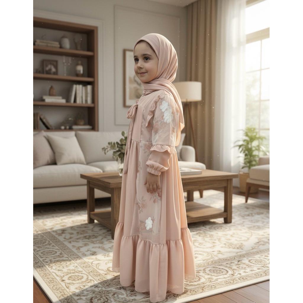 Thirka Kids - Gamis Anak Set Jilbab Bahan Organza Bordir / Abaya Anak Set Hijab