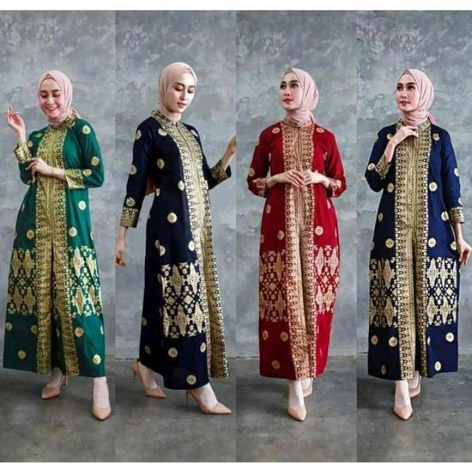 Baju Gamis Batik Songket Palembang Hitam Kombinasi Gold Jumbo Modern