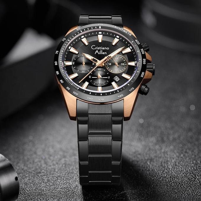 TERBARU Cristiano Aillen JamTangan Pria Analog 8891 Rantai Stainless Steel Chronograph Kaca Sapphire