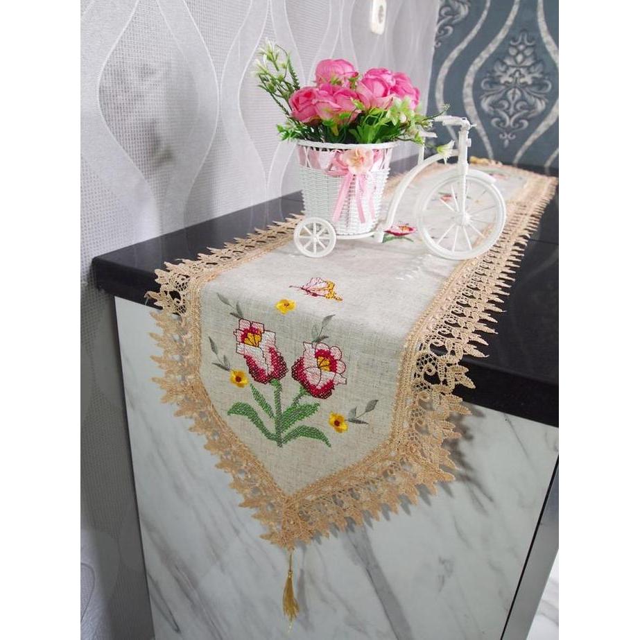 Promo Taplak Meja Makan Renda Strimin / Taplak Meja Panjang Tv Renda Tulip Krem Pink Kain