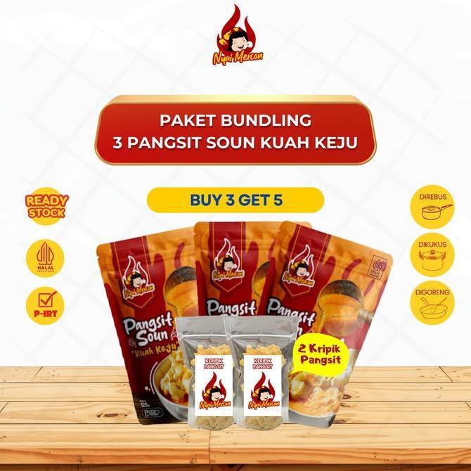 Nikmat- Paket Buy 3 Get 5 (3 Pangsit Soun Kuah Keju + Free 2 Kripik Pangsit) - Nyai Mercon Makanan I