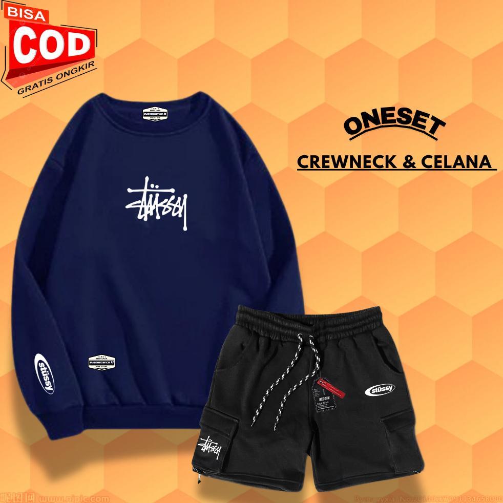 Berkualitas Oneset Crewneck Switer Dan Celana Pendek Cargo Pria Wanita Distro Setelan Sweater Oblong