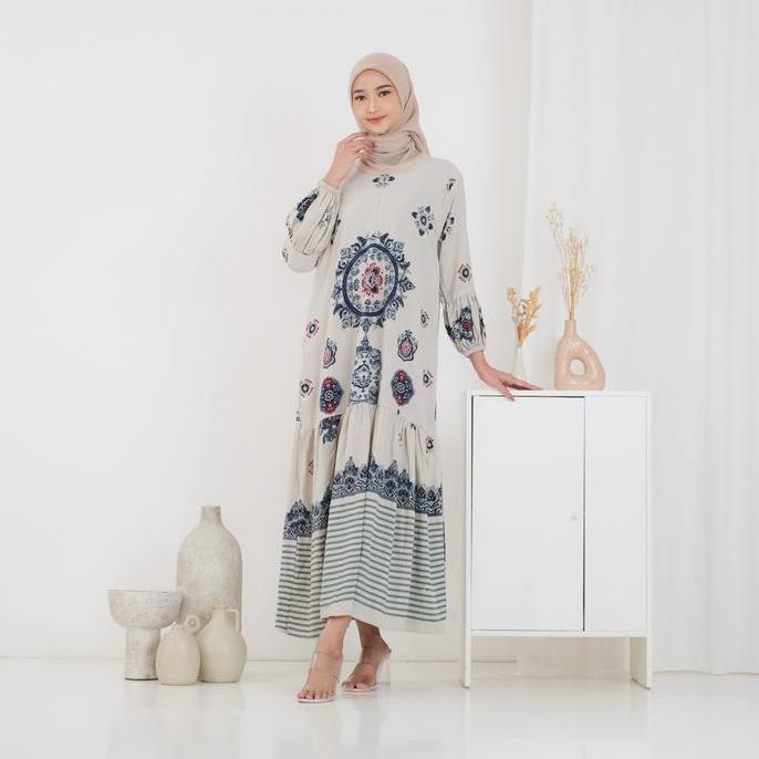 Murah  Gamis Arumi Dress Rayon Rempel Busui Lengan Panjang Balon Batik Adem Tebal Nyaman