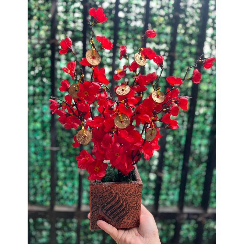 Dekorasi imlek hiasan imlek bunga sakura coin gold  include vas kayu  bunga artificial bunga meja bu