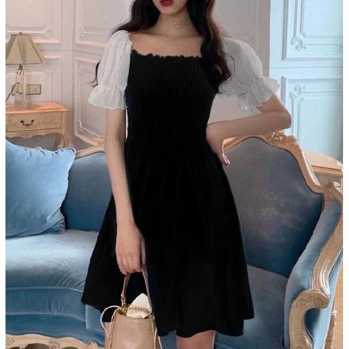 Promo Baju Atasan Wanita Lengan Pendek Balon Gaya Korea Smoke Polos Midi Dress  Katun Nyaman Casual 