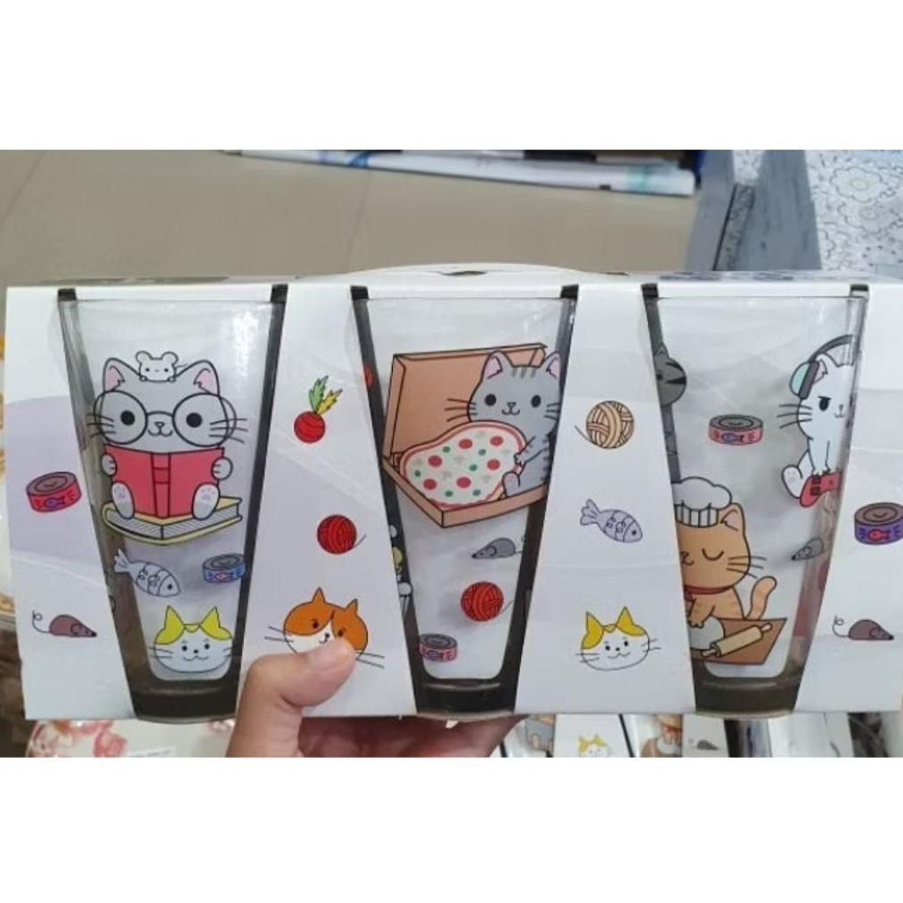 Valentine salee Set Gelas Kaca Motif Kucing dan Sapi Lucu Dekoratif - Set Gelas Kaca B Home 3pcs - S