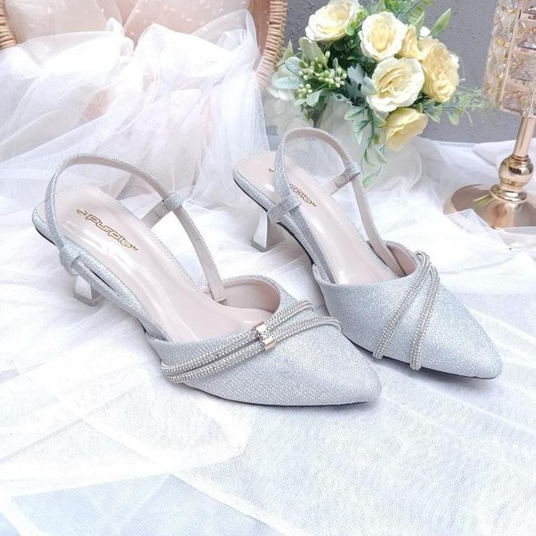 promo terbaru purple shoes - melody sling back high heels pesta wanita hak lancip 7 cm silver gold s