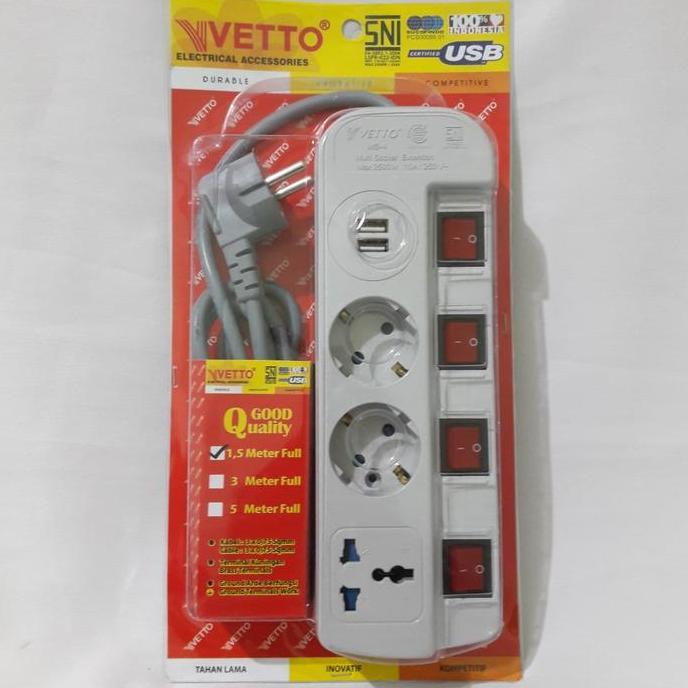 Stop Kontak 2 Lubang+2 USB+4 Saklar+1 Colokan kaki 3+Kabel 1,5m VETTO