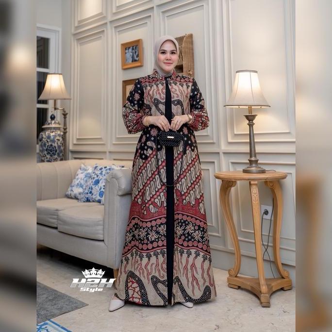 DS294 - Gamis Pesta Batik Kombinasi Jack Black Dress Batik Kondangan Mewah Paling Terlaris Gamis Bat