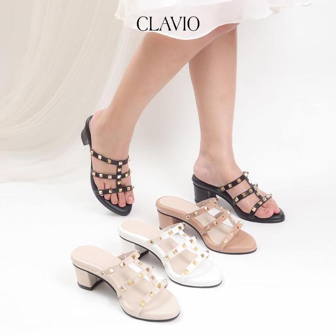 Terpopuler- Clavio Rebeca Sendal Heels Wanita 5Cm Mewah Dengan Asesoris Berwarna Gold Berbahan Premi