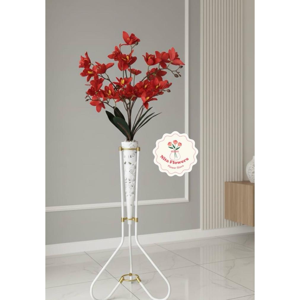 Saless Bunga Anggrek Cymbidium Artificial Premium Berikut Dengan Pot Dan Standing Besi Bunga Hias Bu