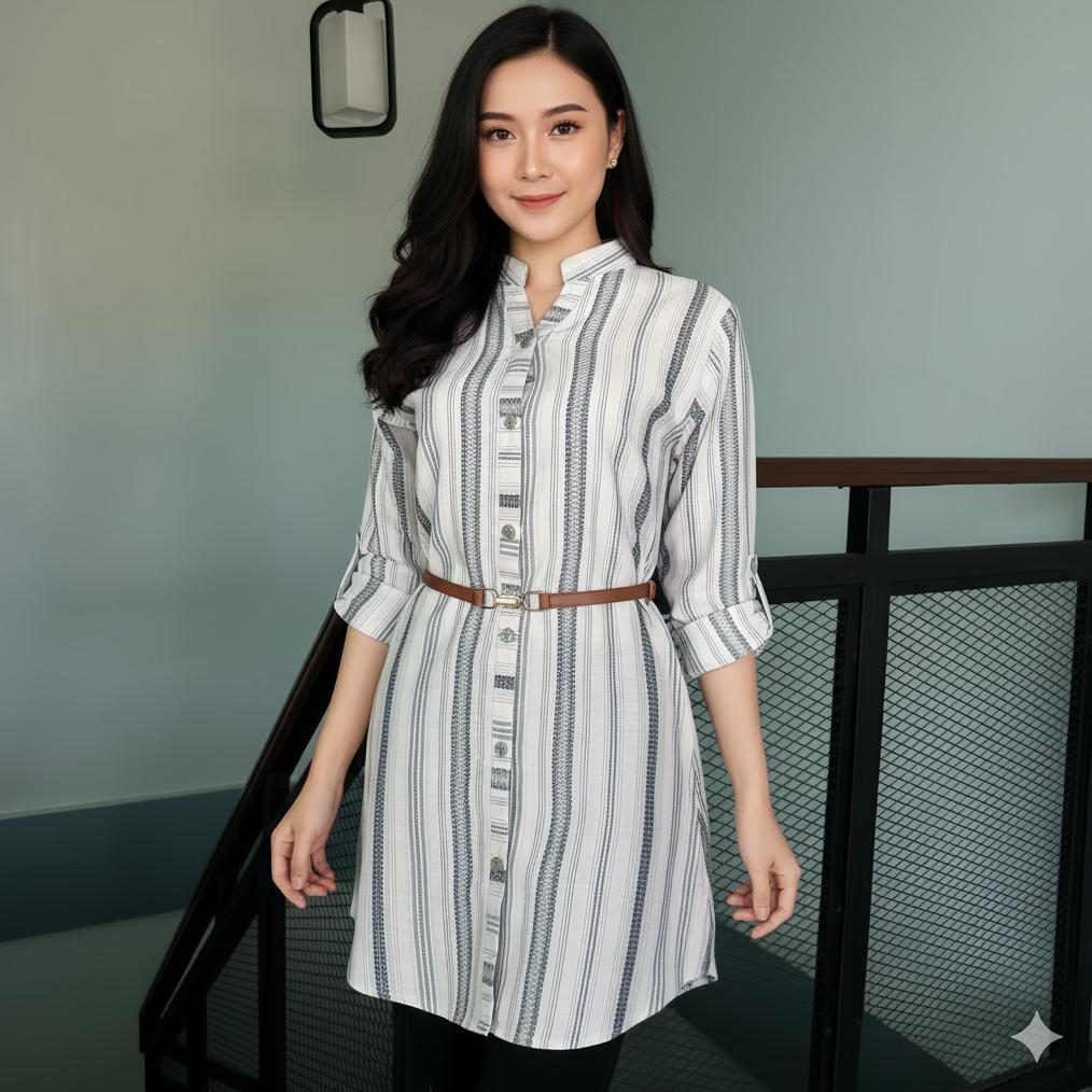 DISKON JUBII.TUNIK TRISET MOTIF DOBBY TIMBUL FREE IKAT PINGGANG CANTIK