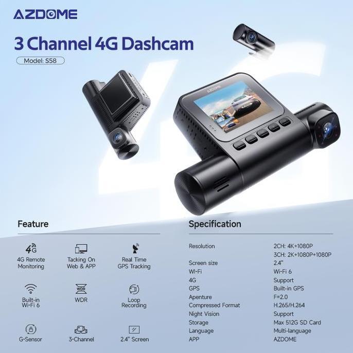 Azdome S58 3 Camera 4G Dashcam 3 Kamera Dash Cam GPS Tracker