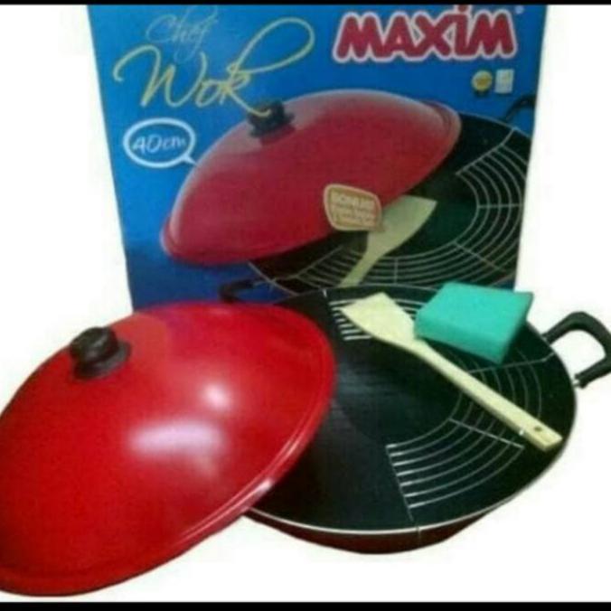 maxim wok wajan penggorengan teflon 40 cm dengan tutup dan saringan