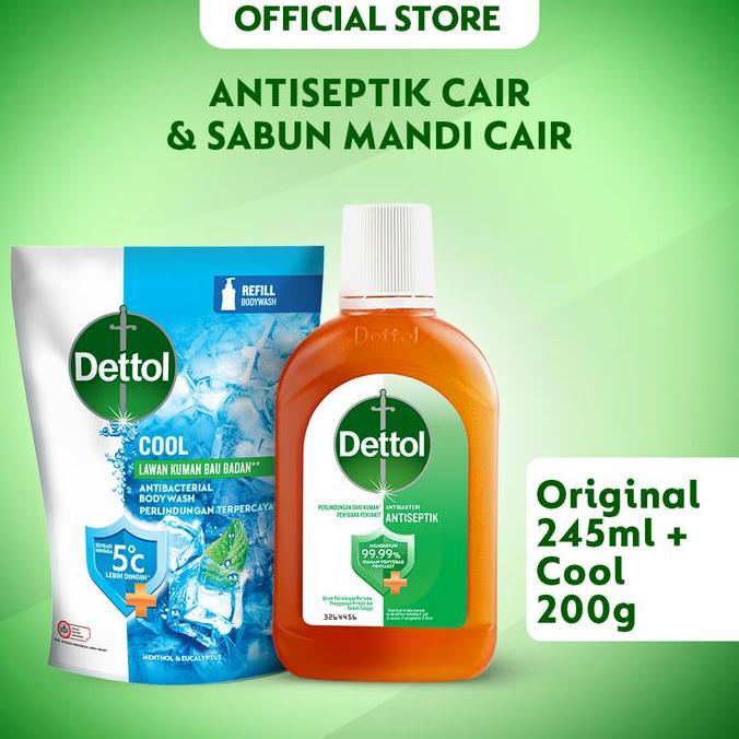 Bersih- Dettol Cairan Antiseptik 245Ml + Dettol Sabun Mandi Cair Anti Bakteri 200Gr Cool