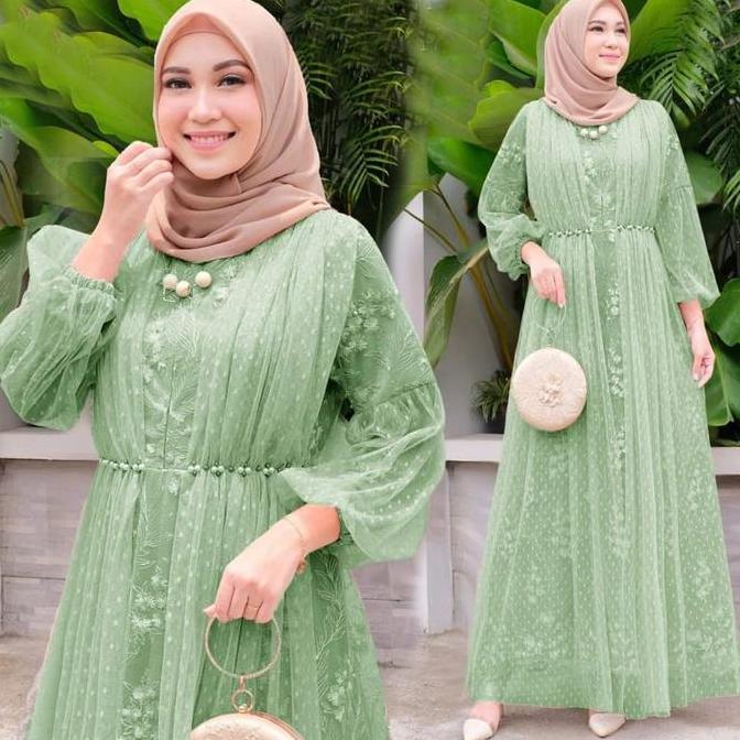 Hokywoi- Gamis Salina Tile Mutiara Busui Dress Dengan Tangan Wudhu Friendly Dan Aksesoris Mutiara Di
