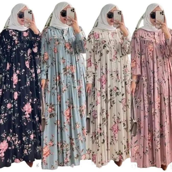 Hokywoi- Zaskia Dress Gamis Rayon Diamond Kain Katun Premium Bunga Aloora Sakura Motif Terbaru Kekin