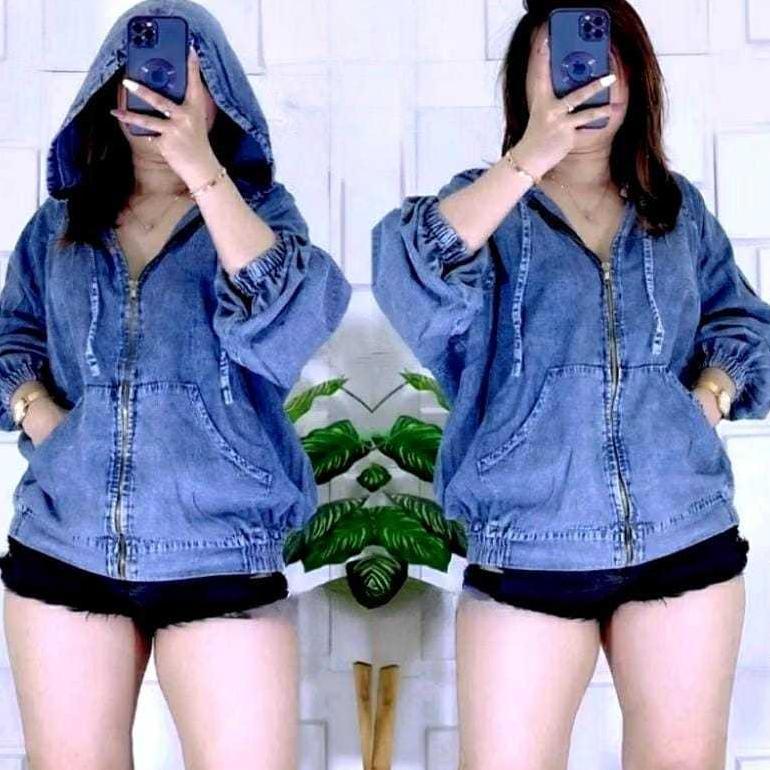 TERBARU JAKET JEANS HOODIE SLETING JAKET ZIPPER LD-130 SUPER JUMBO XXXL- JAKET JEANS WANITA JUMBO TE