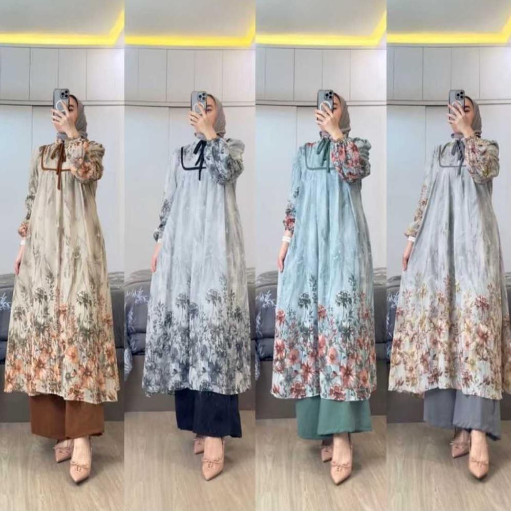 DREANA STORE - Rania Set Wanita Premium Kekinian Motif Bunga Setelan Tunik Ceruty Celana Crinkle Air