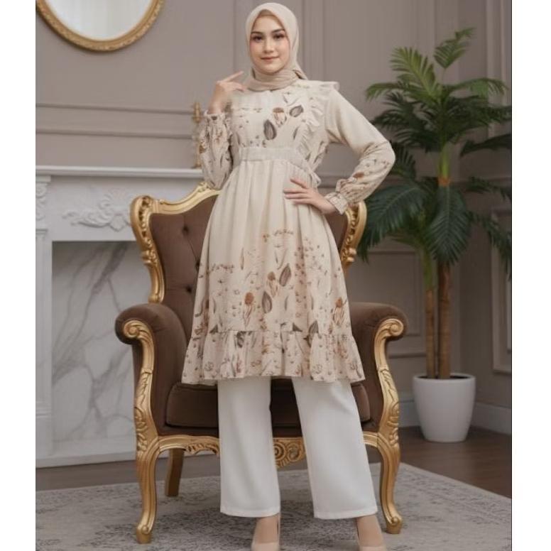 Naykamila Tunik Ceruty Babydoll Rempel Serut Samping motif bunga Tunik Wanita Tunik Ceruty Babydoll 