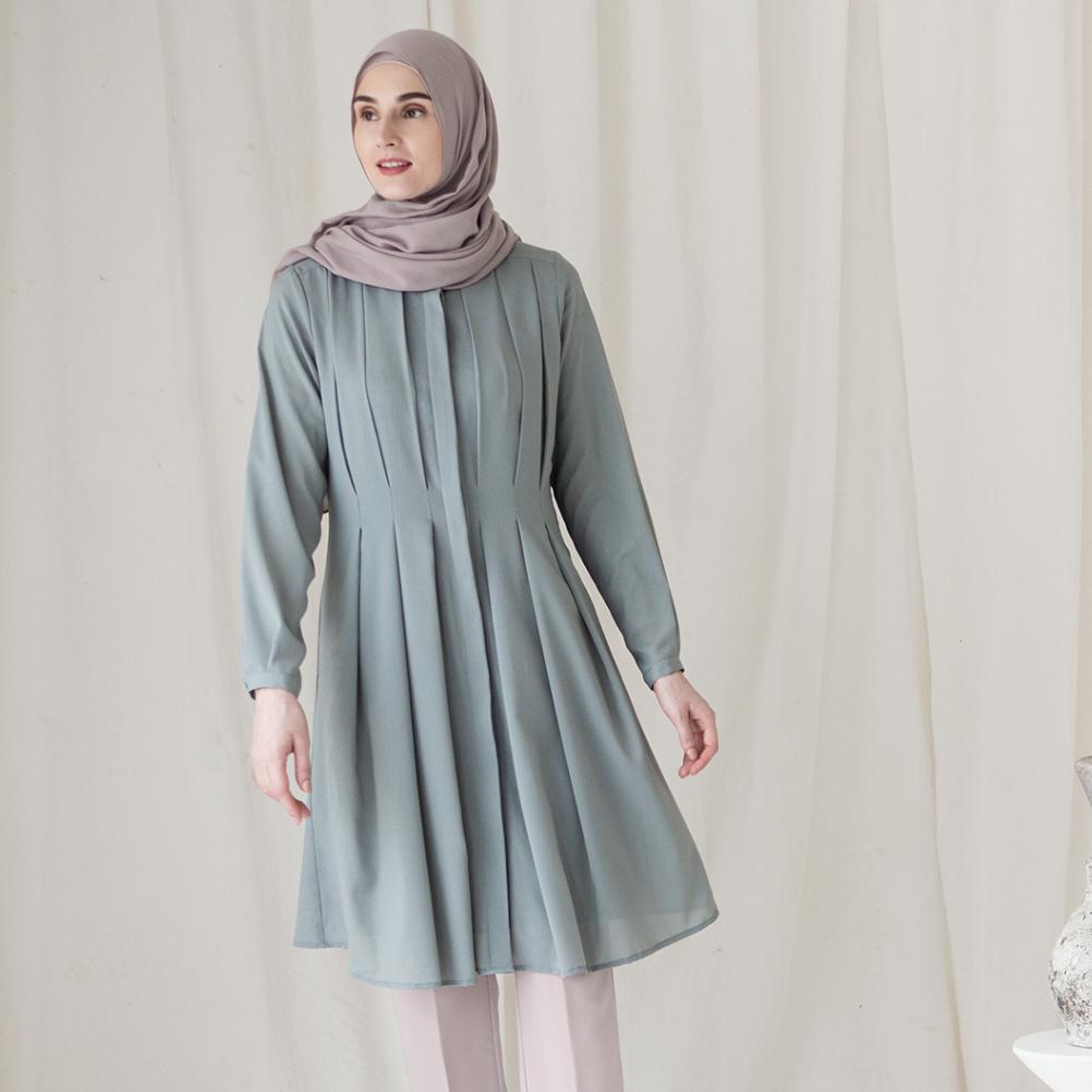 Danantya by Aska Label - Tunik wanita panjang warna biru dusty, abu gelap, putih lengan panjang full