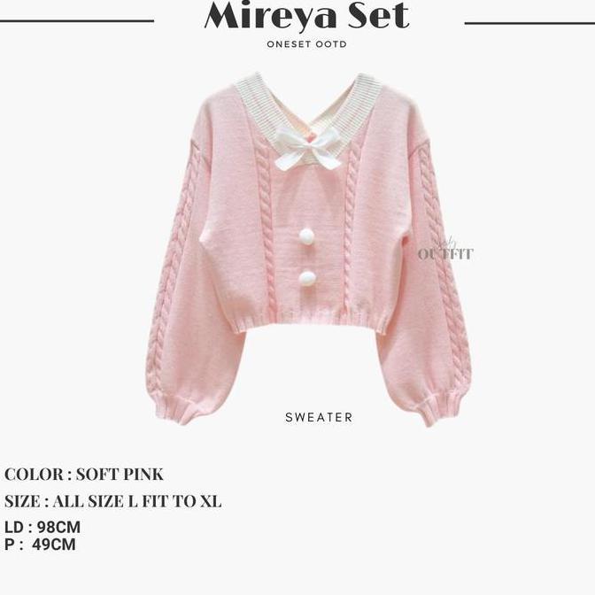 Mireya Set Outfit wanita | Atasan Sweater Rajut Pink Tebal | Bawahan Celana Kulot Putih Loosepants |