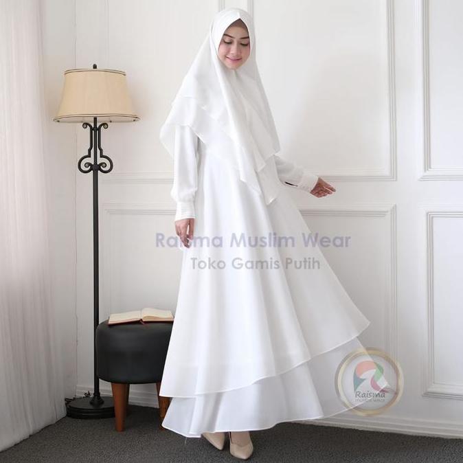 Gamis Syari Putih Terbaru Set RSMW Khimar Perlengkapan Umroh Wanita