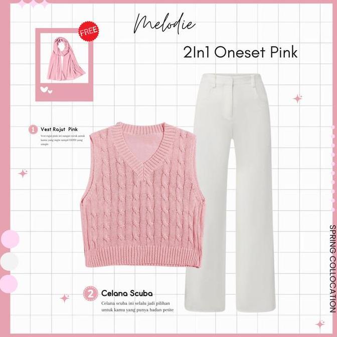 Melodie Outfit 1 Set Baju Outfit Korea Hijab Remaja Formal ( Atasan Vest Rajut Cable Pink + Kemeja B