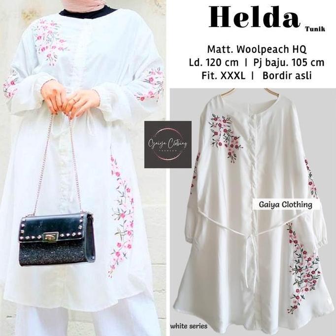 HELDA - TUNIK JUMBO BORDIR KEKINIAN TERBARU LD. 120 Muslim Panjang Hitam Putih kemeja wanita