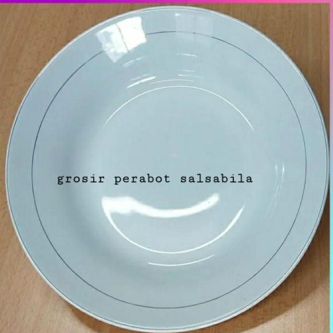 Piring makan kaca keramik beling putih lis emas ukuran 9 inch