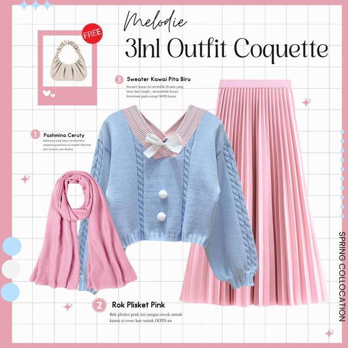 Baju One Set Hijab Style Rok dan Atasan | Pasmina, Sweater Kawai Biru Pita , Rok Plisket Pink | Outf