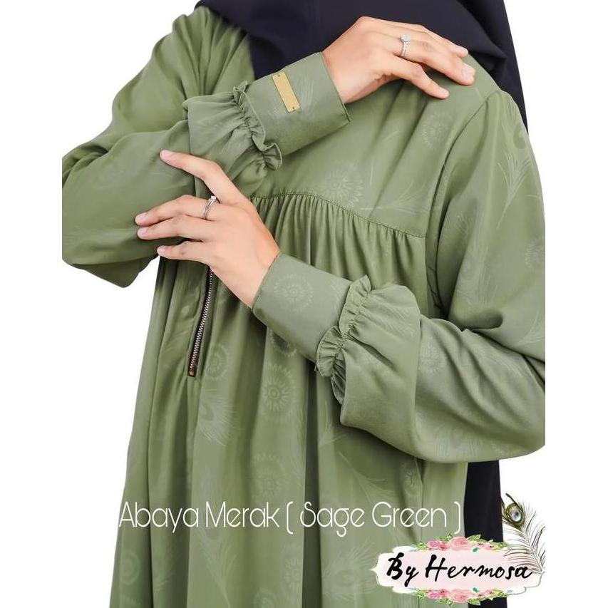[Abaya Hermosa] Abaya Hermosa motif merak warna sage green-Abaya sage green-abaya hijau sage kekinia