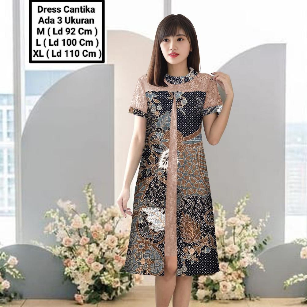 sale Dress Wanita Midi Model Terbaru Matt Batik Kombinasi Brokat Mutiara/Dress Cantika Batik Size M-