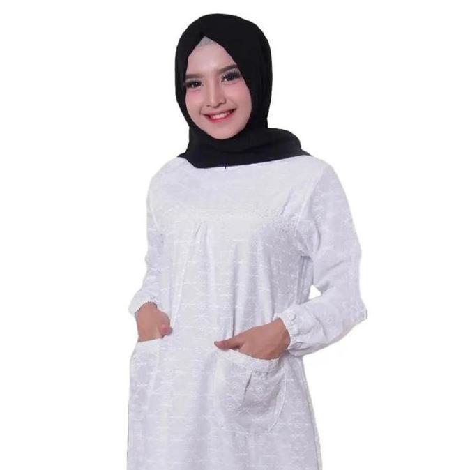Gamis Gayatri, Dress Wanita Muslimah Bahan Katun Bordir Putih Syari Panjang Dewasa - M, L, XL, XXL -