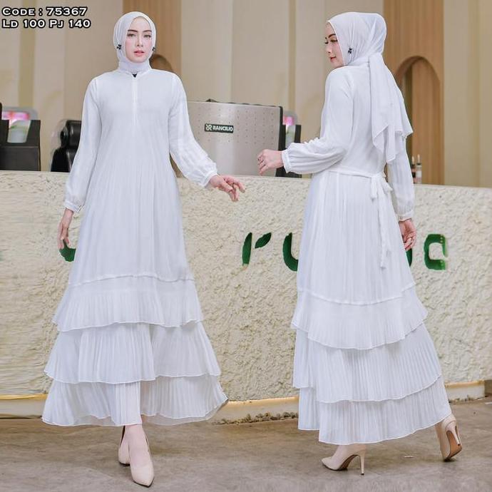 Gamis Ceruty Putih Polos Plisket Rempel Baju Muslim Vima 75367